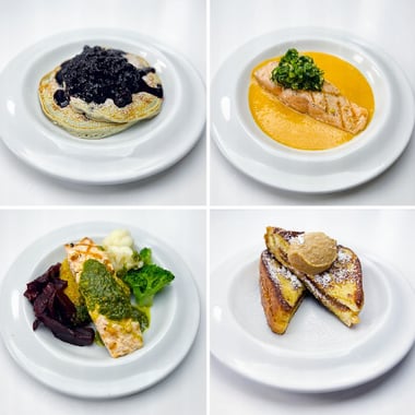 Featured dishes from the Clinicia oncology menu, including pancakes, seared salmon, grilled chicken and French toast. 