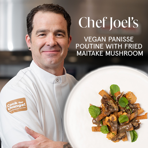 Chef Joel’s vegan panisse poutine topped with fried maitake mushrooms and fresh greens on a white plate.