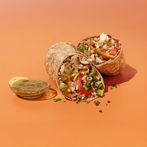 The Crave Experience: jerk chicken and plantain burrito with rice, vegetables and dipping sauce. 