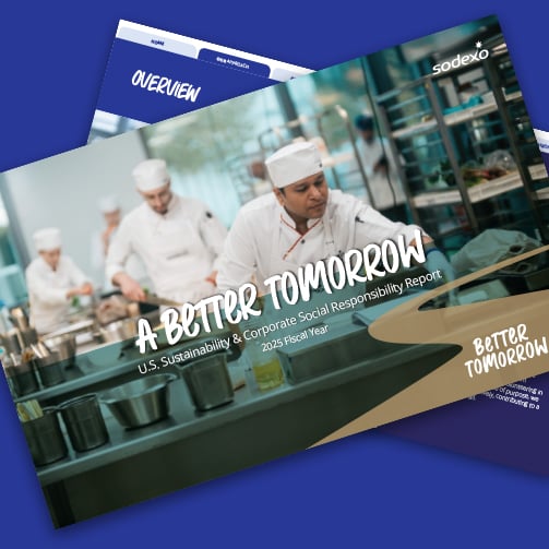Cover of sustainability report featuring chefs working in a commercial kitchen, titled “A Better Tomorrow.”