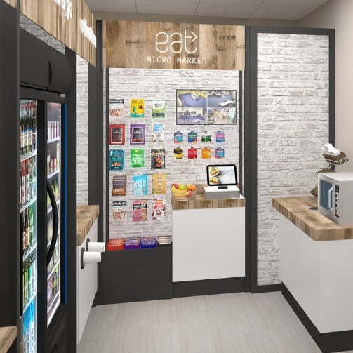 Rendering of eat> micro market showing drinks and snacks on display. 