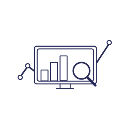 computer with data and magnifying glass line icon