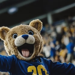 A bear mascot cheering enthusiastically in the foreground, with rows of students blurred in the background.
