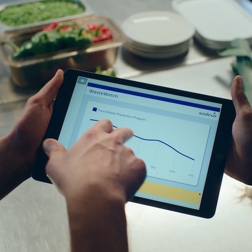 Hands using a tablet to review a food waste tracking dashboard in a commercial kitchen.