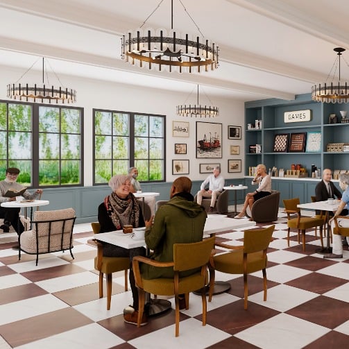 Rendering of a Joyous-inspired bistro with a cozy atmosphere, showing seniors seated at tables engaged in conversation. 