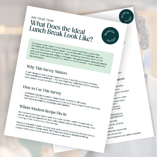 Survey sheets describing the ideal lunch break displayed over a faint background of someone eating at a table.