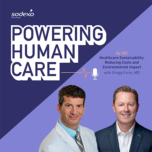 Podcast thumbnail featuring the Powering Human Care logo alongside images of the host and guest speaker