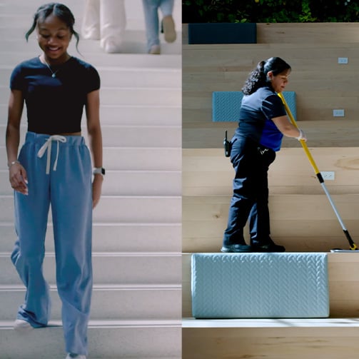 Split-screen image showing a student walking down school stairs alongside a facilities team member cleaning tiered seating in a modern educational environment.