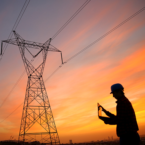 a worker front a tower and beautiful landscape