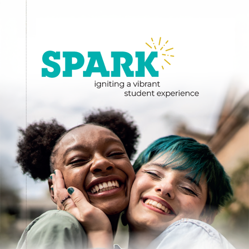 Spark magazine thumbnail showing two students smiling brightly.