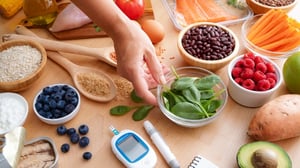 Assortment of diabetes-friendly foods such as leafy vegetables, fresh berries and whole grains.