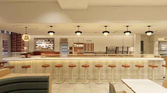 modern cafeteria with warm lighting and minimalist design