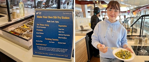 A UCook stir-fry station on the left, and a student proudly holding her finished creation on the right.
