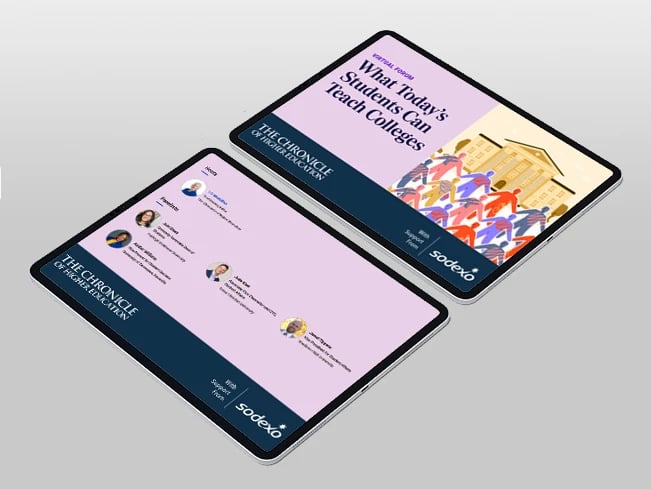 Two tablet screens displaying a virtual forum titled What Today’s Students Can Teach Colleges.