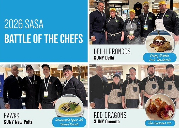 Photo collage featuring teams from SUNY Oneonta, SUNY New Paltz, and SUNY Delhi alongside their showcase dishes.
