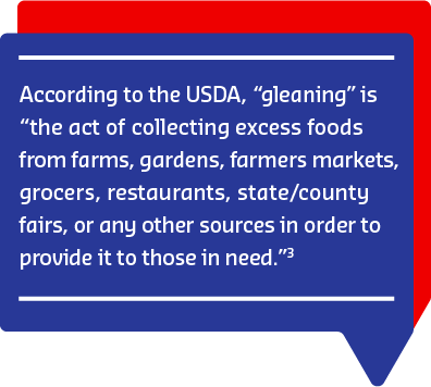 Speech bubble explaining USDA definition of gleaning: collecting excess food to distribute to people in need.