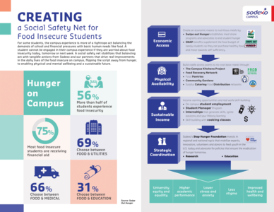 Infographic on campus hunger and a social safety net model showing food insecurity statistics and support strategies.