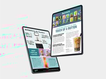 Two tablet screens displaying a case study titled “Botrista: Craft Beverages at the Touch of a Button.” 