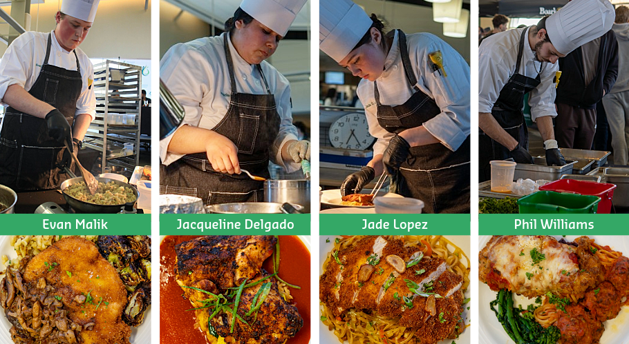 Culinary battle competitors cooking at their stations and their finished entry dishes.