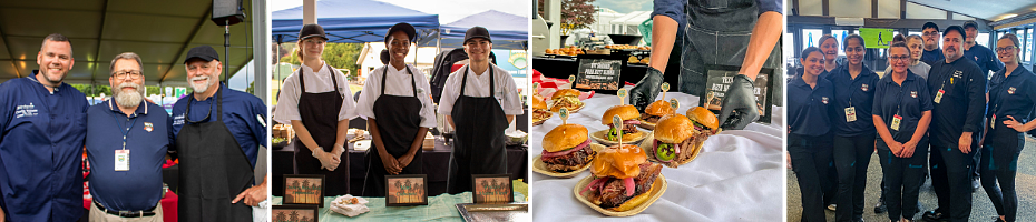 Collage of photos from the Dick’s Open event featuring employees smiling and food dishes served at the event. 