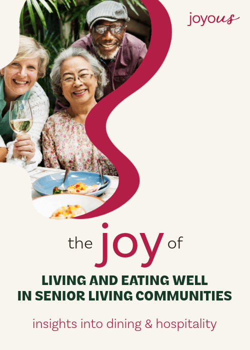 Older adults dining together outdoors with text “The joy of living and eating well in senior living communities.”