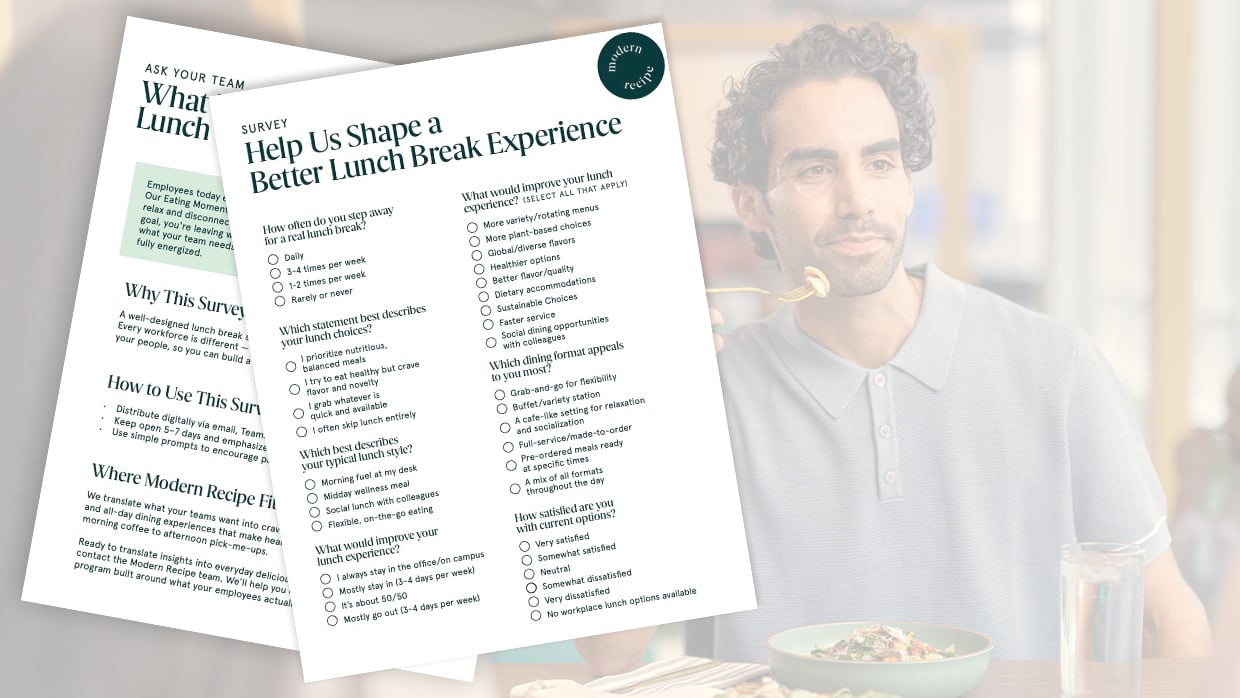 Two survey sheets about improving lunch break experiences displayed over a scene of someone eating at a table.