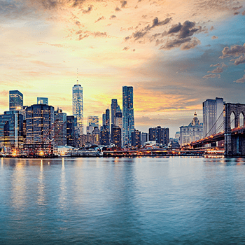 New York City skyline at sunset.