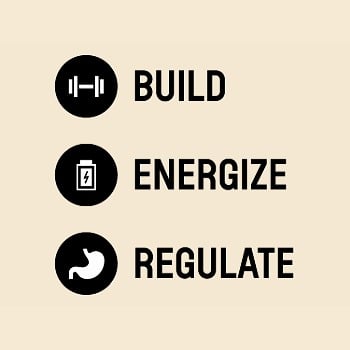 Three One & All menu identifiers highlighting wellness benefits: Build, Energize and Regulate.