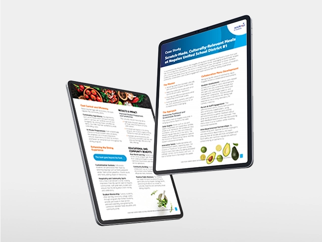 Two tablets show documents on sustainable, culturally-relevant meals in a school district.