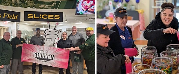  SUNY Delhi dining staff holding a “Shine On” sign in a dining hall and SUNY New Paltz staff enjoying a treat station.