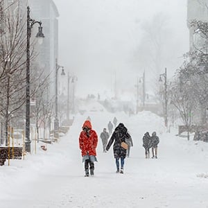 People walking through a winter snowstorm. 