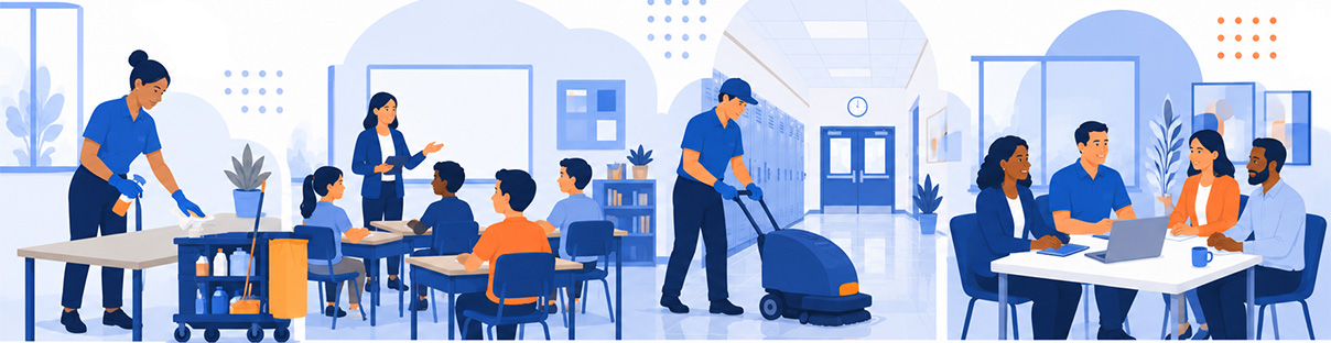 Illustrated school facilities services scene showing custodial staff cleaning classrooms and hallways, floor maintenance, and collaborative meetings in a modern educational environment.