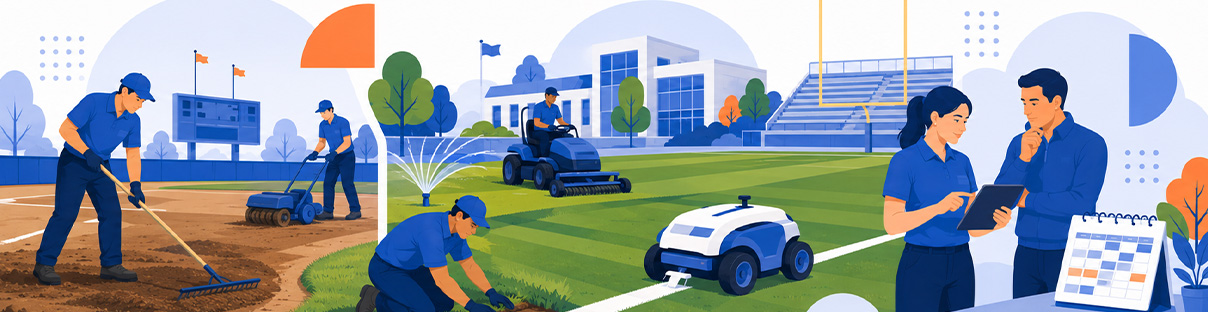 Illustrated grounds management scene showing staff maintaining athletic fields, operating mowing equipment, landscaping turf, and reviewing facility schedules on a school campus.