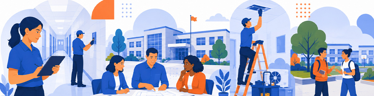 Illustrated school operations scene featuring staff performing facility maintenance, campus cleaning, technology support, and student services around a modern school building.