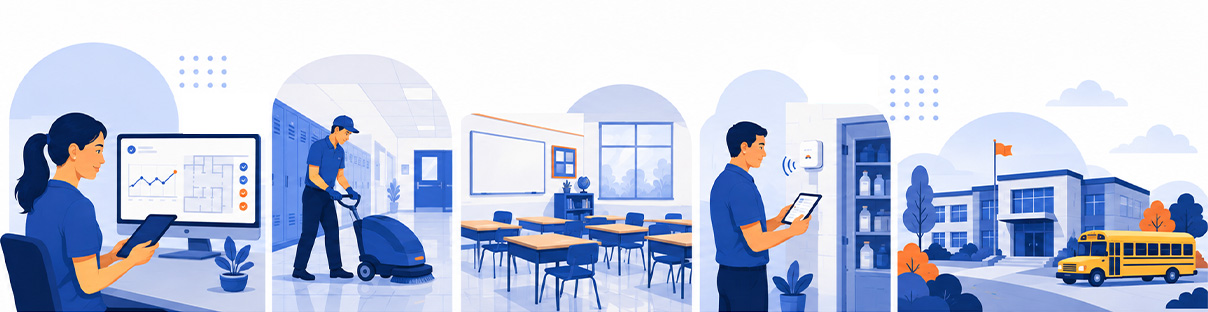 Illustrated school facilities management banner featuring custodial staff using digital tools and floor cleaning equipment, alongside classroom spaces and a school campus with a bus and landscaped grounds.
