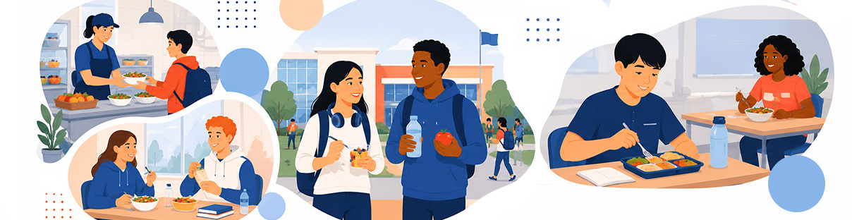 Illustrated school food service scene featuring students enjoying meals indoors and outdoors, selecting fresh food options, carrying healthy snacks, and dining across a vibrant campus environment.