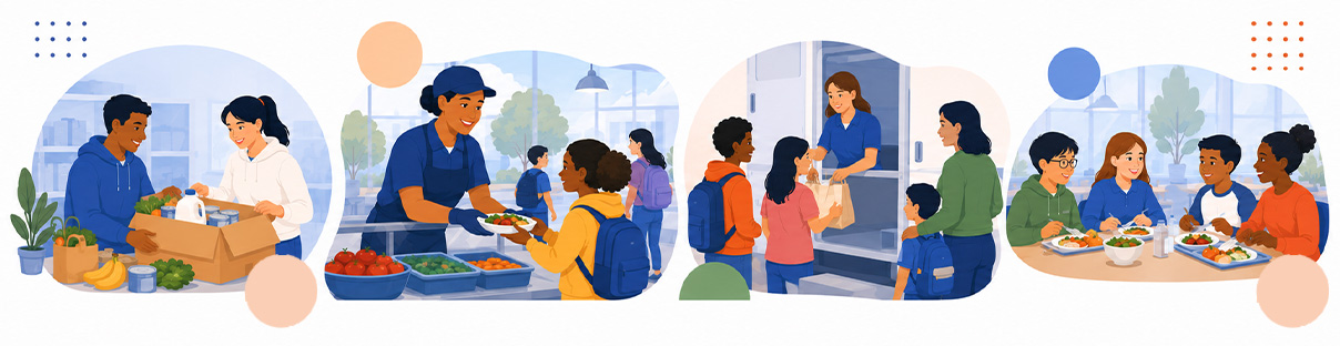 Illustrated school food assistance scene showing meal distribution, grocery support, cafeteria service, grab-and-go meal pickup, and students sharing nutritious meals in welcoming educational environments.