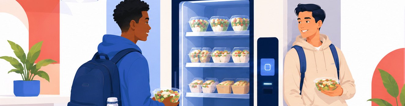 Illustration of two students selecting ready to eat salads from a refrigerated fresh food vending machine inside a campus setting, with packaged meals and plants visible nearby.