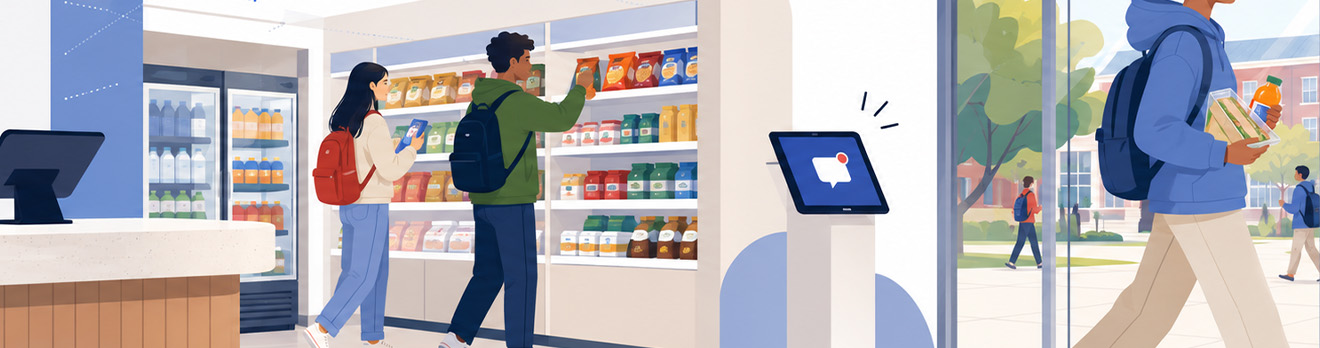 Illustration of students shopping for snacks and beverages in a campus convenience store, using mobile devices while browsing shelves, with a digital checkout screen and campus walkway visible through large windows.