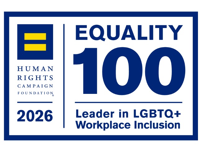 Badge for earning a 100 score on the HRC Foundations 2026 CEI, recognizing leadership in LGBTQ+ workplace inclusion.