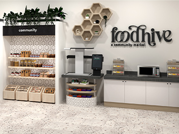 A rendering of a community market featuring a shelf filled with dry goods.