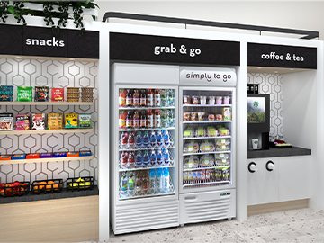 A rendering of a micromarket showcasing a snack shelf, grab-and-go items, and a coffee and tea station.