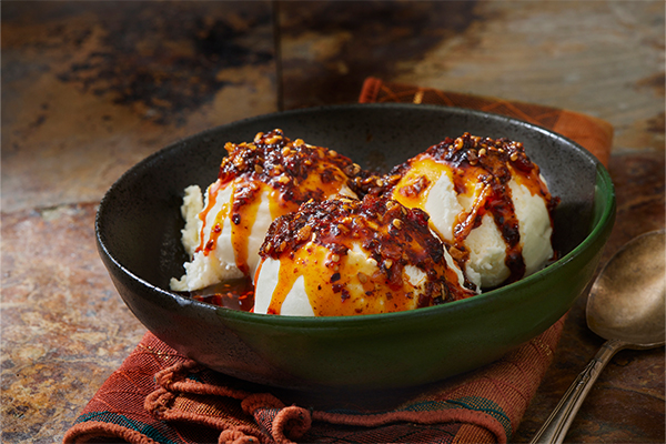 Ice cream topped with chili crunch.
