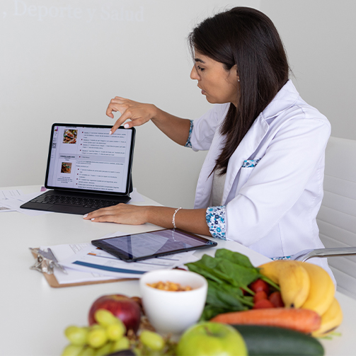 Dietitian showing nutrition facts on a tablet.