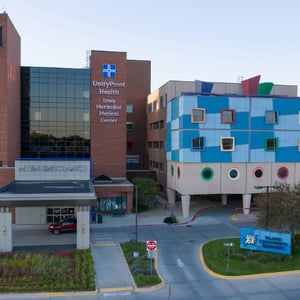 Exterior view of UnityPoint Health Iowa Methodist Medical Center, showing the hospital building and main entrance.