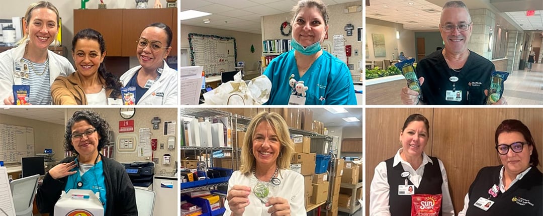 Collage of healthcare staff in a clinical setting holding snack items and supplies across multiple scenes.