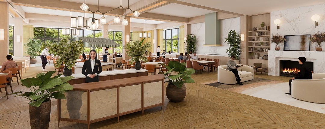 Rendering of a Joyous-inspired restaurant interior with a bright, warm atmosphere, featuring a mix of seating styles and table arrangements. 