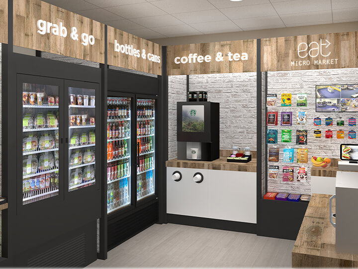 Image of a micro market displaying sections labeled 'grab & go,' 'bottles & cans,' 'coffee & tea,' and 'eat MICRO MARKET.' The 'grab & go' area has refrigerated pre-packaged foods, 'bottles & cans' features chilled beverages, 'coffee & tea' includes a Starbucks machine, and 'eat MICRO MARKET' showcases various snacks and packaged foods for quick shopping.
