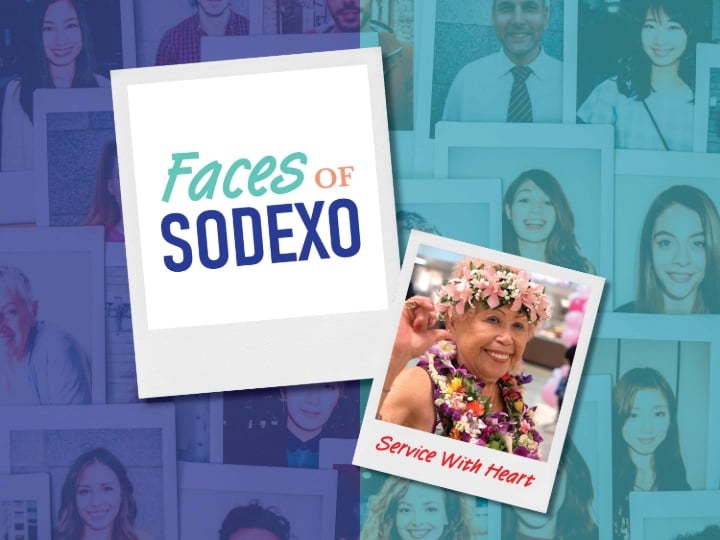 Magazine cover titled 'Faces of Sodexo,' featuring a collage of portraits and the text ‘Service with Heart.’