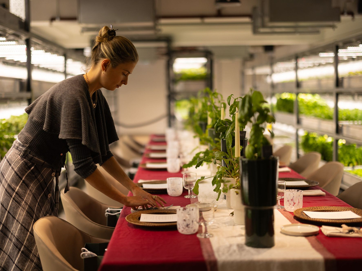 Person setting a long dining table with red runner, plates, and greenery in a modern indoor event space.